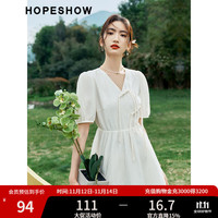 HOPESHOW 红袖 国风气质连衣裙夏季女装设计感灯笼袖盘扣V领显瘦漂亮长裙 米白004 L