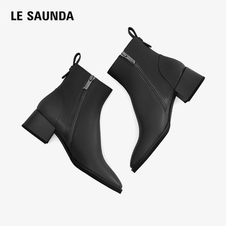 莱尔斯丹 le saunda秋冬方头拉链粗跟瘦瘦靴短靴子皮鞋女44906 深啡色 TMK 加绒 40