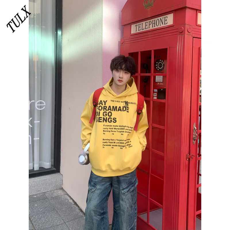 TULXFikzz美式字母印花慵懒风长袖卫衣男女宽松学院少年感卫衣 黄色
