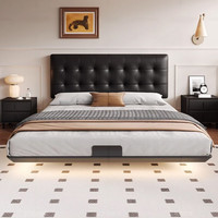 法蒂玛超薄床头华夫格真皮床碳素钢储物床中古风主卧大床铁艺床双人床 【碳素钢排骨架】床+九星软硬双面床垫+床头柜*2 1.5*2米悬浮储物结构