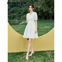 HOPESHOW 红袖 国风气质连衣裙 设计感灯笼袖盘扣V领显瘦漂亮长裙 米白004