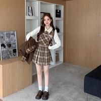 织物猪 学院风 女士连衣裙 经典斜格纹长袖百褶裙
