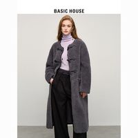 Basic House/百家好韩系羊羔毛外套女2024冬季牛角扣中长款