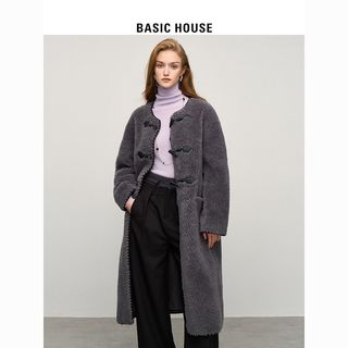 Basic House/百家好韩系羊羔毛外套女2024冬季牛角扣中长款