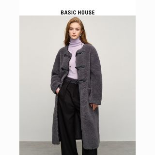 Basic House/百家好韩系羊羔毛外套女2024冬季牛角扣中长款