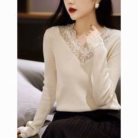 KELE COCO100%羊毛蕾丝v领修身显瘦羊毛衫女长袖百搭气质毛衣