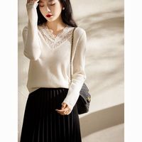 百亿补贴：KELE COCO 100%羊毛蕾丝v领修身显瘦羊毛衫女新款长袖百搭气质毛衣