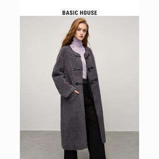 Basic House/百家好韩系羊羔毛外套女2024冬季牛角扣中长款