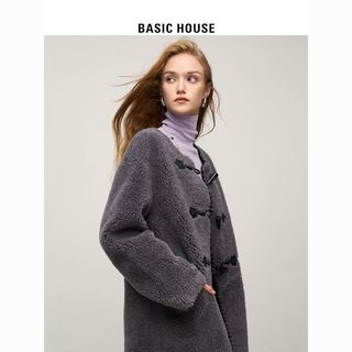 Basic House/百家好韩系羊羔毛外套女2024冬季牛角扣中长款