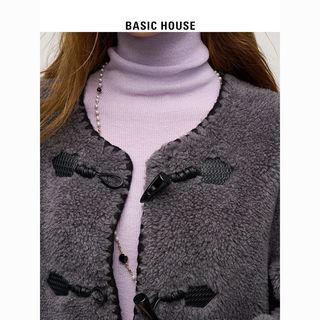 Basic House/百家好韩系羊羔毛外套女2024冬季牛角扣中长款