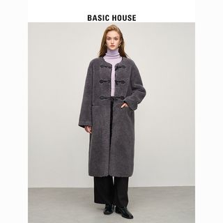 Basic House/百家好韩系羊羔毛外套女2024冬季牛角扣中长款