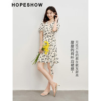 HOPESHOW 红袖 茶歇法式连衣裙夏季2024女装甜美气质V领碎花裙 米底黑花670 S