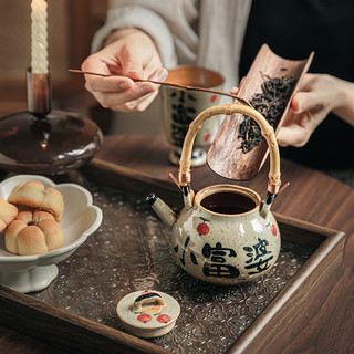 悠瓷（youcci）小富婆手绘中式茶壶套装粗陶高颜值提梁壶女士一人小壶泡茶壶茶具 青花提手圆肚壶-小富婆