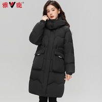 雅鹿羽绒服女中长款2025冬季时尚韩版连帽女士加厚保暖宽松外套 黑色 S (155)