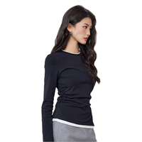 女式针织修身圆领假两件长袖T恤舒适百搭显瘦不规则女士打底衫