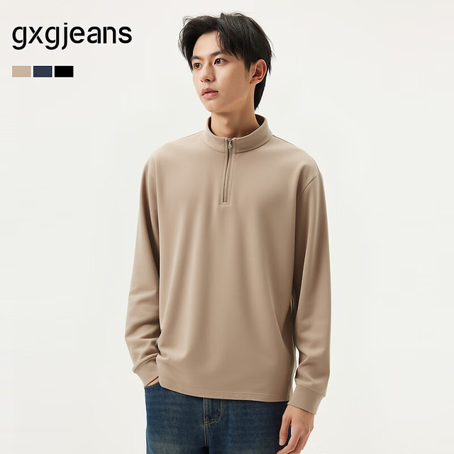 gxgjeans gxg.jeans男装 多色基础打底宽松半开襟长袖T恤男士 25年秋新品 浅卡其 L (175)