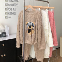 QITA 卡通熊珊瑚绒睡衣套装女秋冬加绒加厚宽松长袖冬季保暖家居服