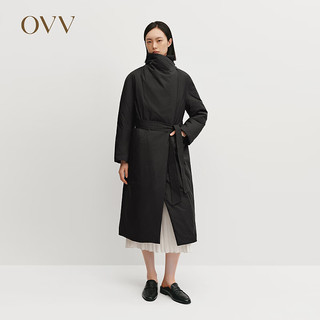 OVV秋冬女装无绗线可翻折立领中长羽绒服外套 赫本黑 XL