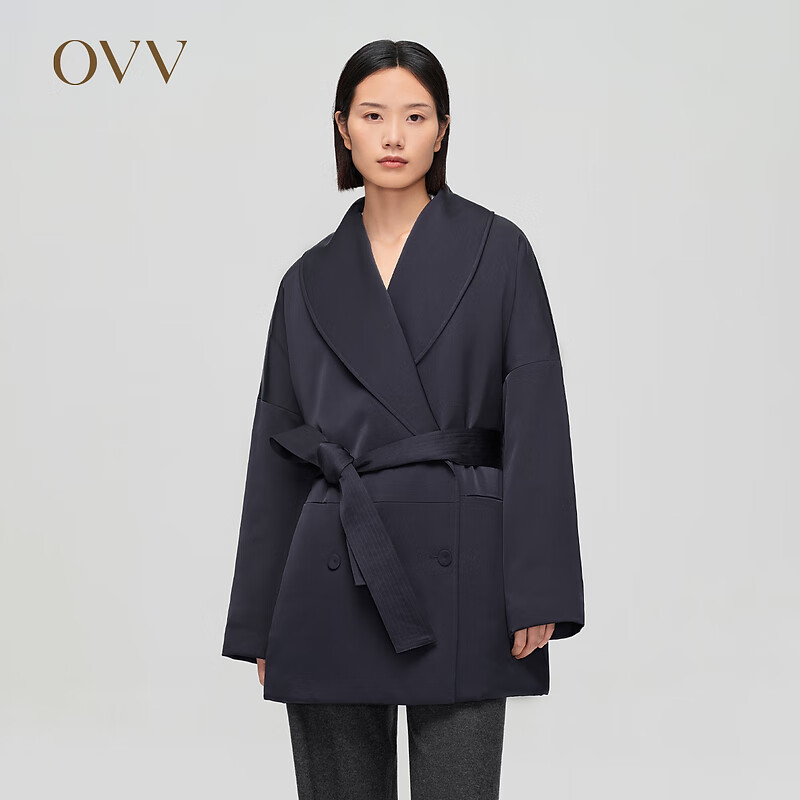 OVV秋冬热卖女装光泽感面料青果领双排扣羽绒服外套 藏青（净色）B8