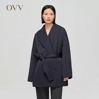 OVV秋冬热卖女装光泽感面料青果领双排扣羽绒服外套 藏青(净色)B8