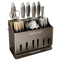 美厨物语厨房多功能置物架不锈钢刀架筷子收纳盒刀具置物架筷笼架 【枪灰三筷筒+沥水盘】开箱即用