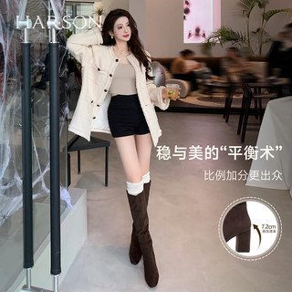 哈森/HARSON【弹力塑形家2】25冬季时装堆堆靴瘦瘦靴显高女靴 黑色加绒织物 39
