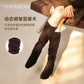 哈森/HARSON【弹力塑形家2】25冬季时装堆堆靴瘦瘦靴显高女靴 黑色加绒织物 39