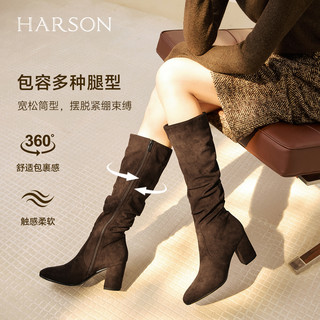 哈森/HARSON【弹力塑形家2】25冬季时装堆堆靴瘦瘦靴显高女靴 黑色加绒织物 39