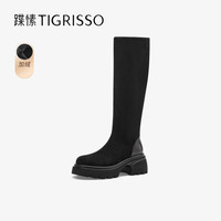 蹀愫冬季显瘦轻量增高6.5加绒长筒靴骑士靴TA54761-50 黑色弹力织物/黑色牛皮革(加绒) 40