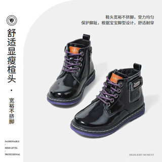 泰兰尼斯冬季女童鞋儿童靴子加绒短靴真皮黑色马丁靴软底皮靴 镜面黑 T04X1D1049 22 内长14.5/脚长13.0
