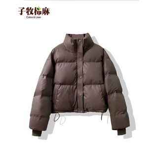 子牧棉麻2025冬装 女韩版百搭棉服短外套保暖面包服开衫棉衣0618 咖色