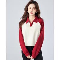 爱依莲 小个子显高显瘦简约Polo领短款设计感复古撞色宽松长袖卫衣女