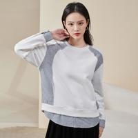 似水年华 条纹拼接卫衣女秋冬季宽松长袖简约撞色圆领套头上衣假两件