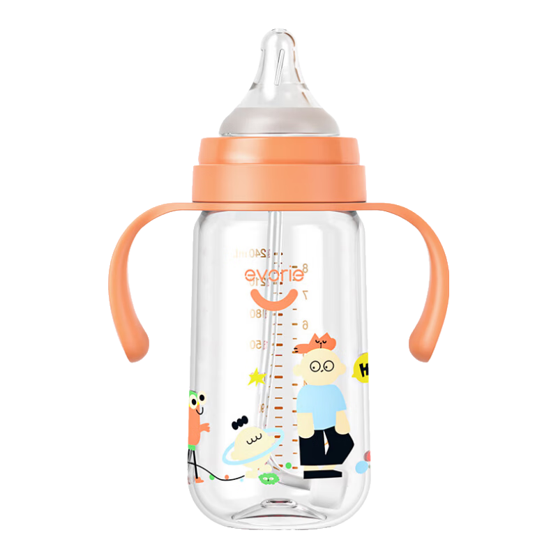 爱得利（evorie）奶瓶 Tritan奶瓶6个月以上婴儿奶瓶带手柄重力球防漏耐摔吸管奶瓶 派对橘 240ml 6月+
