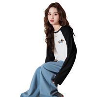 2025春秋季长袖T恤女撞色插肩袖上衣休闲百搭圆领T恤小个子