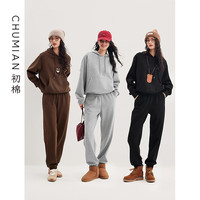 初棉银狐绒加厚连帽卫衣套装女冬季直筒/束脚口加绒保暖运动卫裤 巧栗棕-束脚卫裤 L