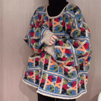 燕浔撞色菱格针织衫毛衣外套女高品质韩版秋冬复古提花宽松毛针织开衫 花色菱格