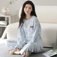 芬腾睡衣女纯棉2025秋优雅花卉套头休闲外穿长袖家居服套装 浅蓝 2XL