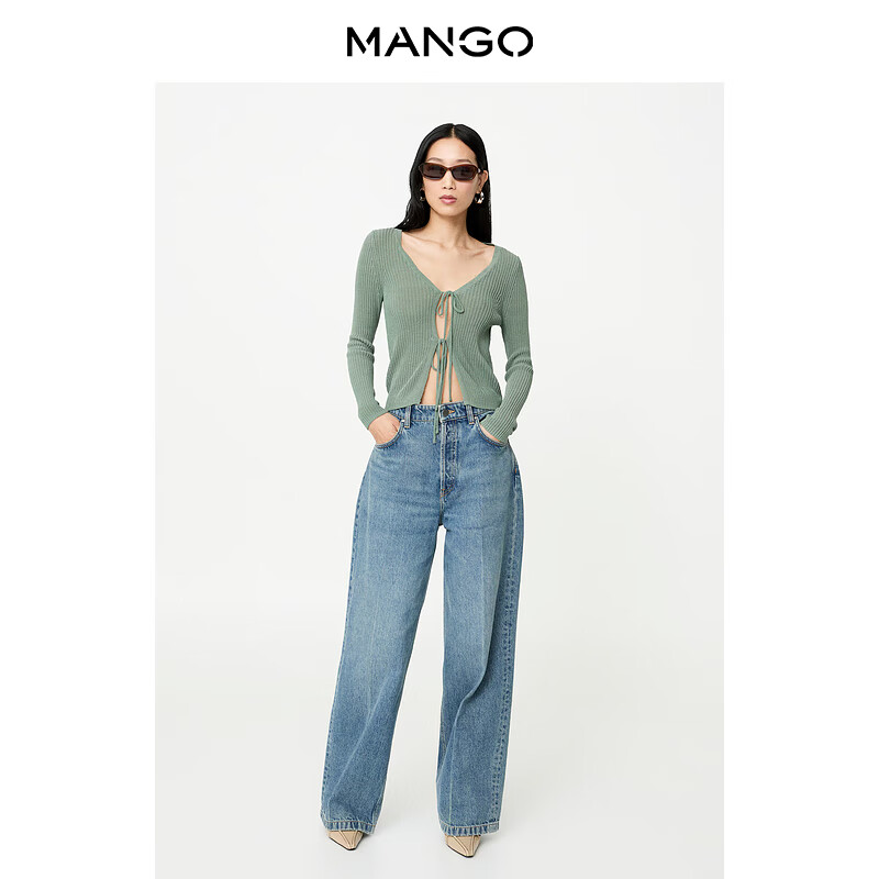 MANGO女装毛针织衫2025春装新款绿色V领长袖系带修身开衫 绿色