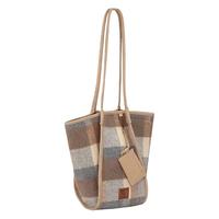 potomac毛呢梯形包原创设计托特包单肩手提文艺复古格纹水桶包女 千鸟格梯形包