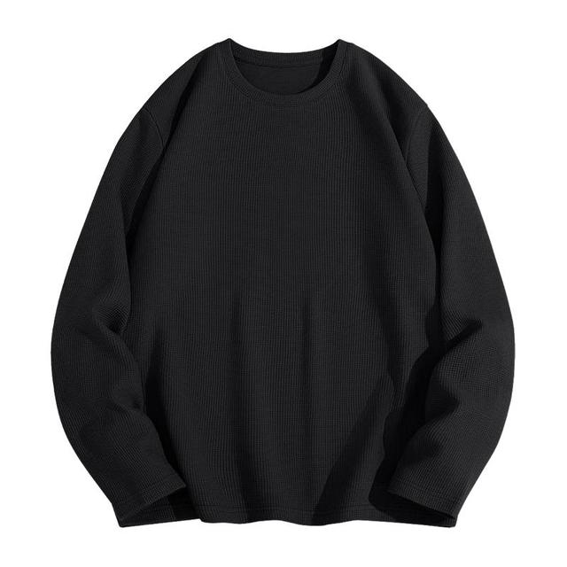 凡客诚品 220G华夫格圆领长袖T恤男士春秋打底衫百搭简约上衣 黑色 XL