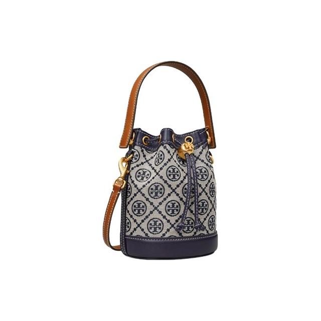 七夕好礼：TORY BURCH T MONOGRAM系列 女士提花水桶包 80534 蓝色 迷你