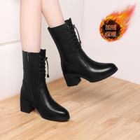 富贵鸟 秋冬款富贵鸟加绒保暖女士骑士靴中筒侧拉链女靴子休闲靴女鞋