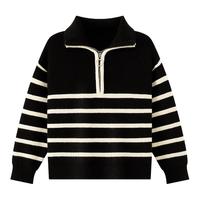 左西男童条纹毛衣儿童秋冬装2025新款POLO领男孩针织衫潮 黑色 1