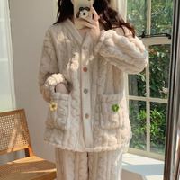 宝娜斯（BONAS）冬季加厚珊瑚绒毛毛睡衣女可外穿开衫两件套装纯色长袖长裤家居服 粉色小花 均码