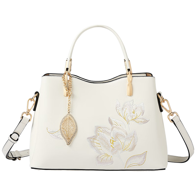 移动端、京东百亿补贴：啄木鸟 牛皮手提包 新中式蝴蝶兰花/米白 母亲节礼物