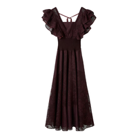 SNIDEL2025秋冬优雅蕾丝钩花荷叶边小飞袖连衣裙SWFO254146 红棕色 M （1）