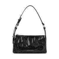 CHARLES&KEITH24夏褶皱油蜡皮斜挎气质小方包手提包腋下包CK2-80160183 Noir黑色 S