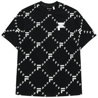 FILA 斐乐 FUSION潮牌情侣短袖T恤夏季宽松休闲老花满印花圆领男女装上衣 深黑-BK 165/88A/S