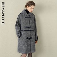 颜域黑白格纹毛呢大衣女2025冬季宽松大气中长款连帽外套 黑白格 M